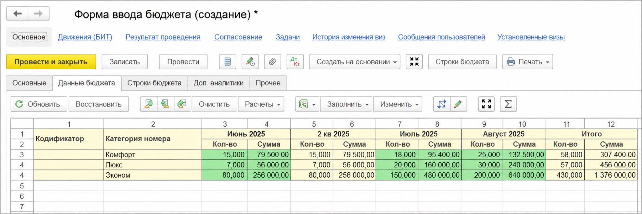 Расчет выручки номерного фонда в БИТ.ФИНАНС